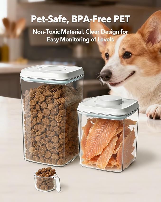 Dog Food Storage Containers Set with One-Touch Lid, (2 × 4.22 QT / 4.0 L) BPA-Free Cat Food Storage Container，Stackable Durable PET with 130ml Scoop, for Kibble & Treats Organization