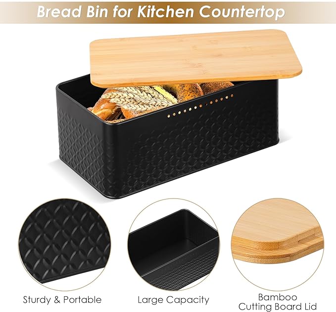 Phyllia Bread Box, Metal Bread Storage Container with Bamboo Lid Usable as Cutting Board, Breadbox Holder for Kitchen Countertop, 13 x 7 x 5.3 inch (Black)