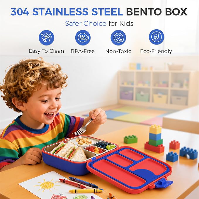 Kids Stainless Steel Bento Lunch Box, 4 Compartments | Leak-Resistant 4 Cups Lunch Container for Ages 4+ with Easy-Open Latch, Removable Seal & Meal Feedback Icon