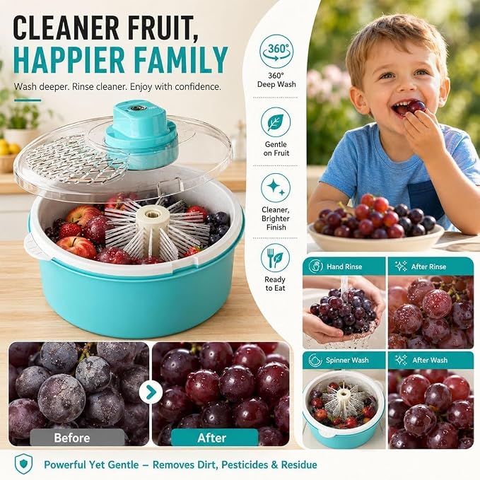 Electric Fruit Washer Spinner Bowl, Automatic Produce Cleaner Spinner | 360° Rotating Inner Basket Separates Water Quickly, Fruit and Vegetable Washer for Berries & Salad Greens Kitchen Preparation