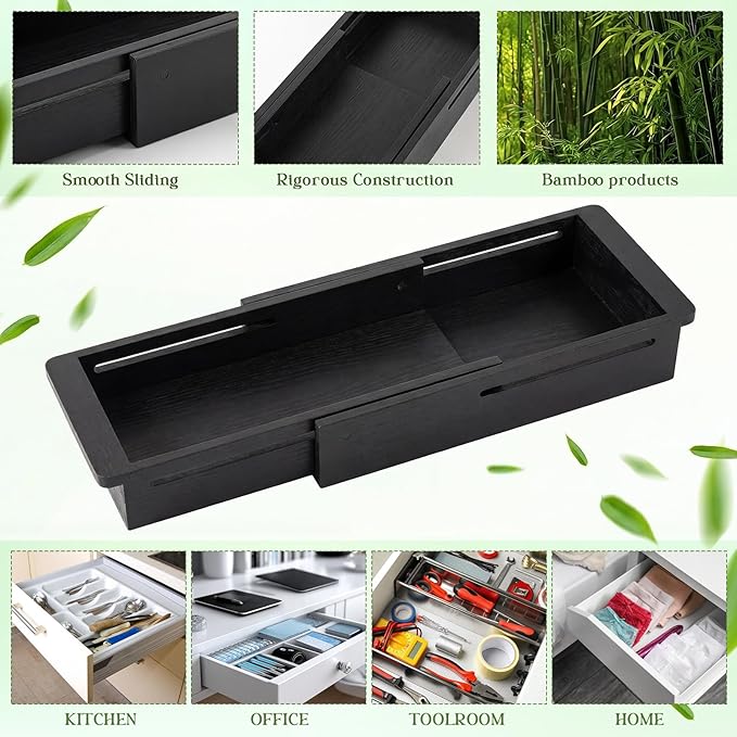 LemonRoad 1 Pcs Sliding Drawer Organizer 12.4-17.7 Inch Bin Bamboo Drawer Expandable Bins Utensil Organizer for Kitchen Spoons Forks Knives (Black)