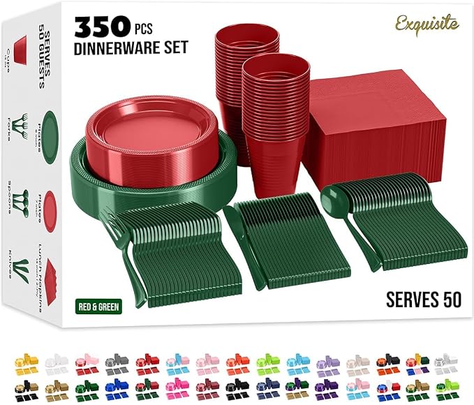 350 Pcs Christmas Plastic Plates For Party, Red & Green Disposable Plates Set, 50 Of Each 9" Dinner Plate Set, 7" Dessert Plate, Cups, Napkins & Cutlery Plastic Dinnerware Exquisite