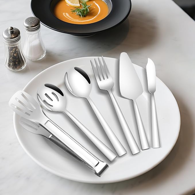 Stainless Steel Serving Utensils, Amafox 10-Piece Serving Utensils Set - Spoons,Slotted Spoons,Forks, Appetizer Tongs,Cake Server and Butter Knife for Party, Daily Use(Silver)