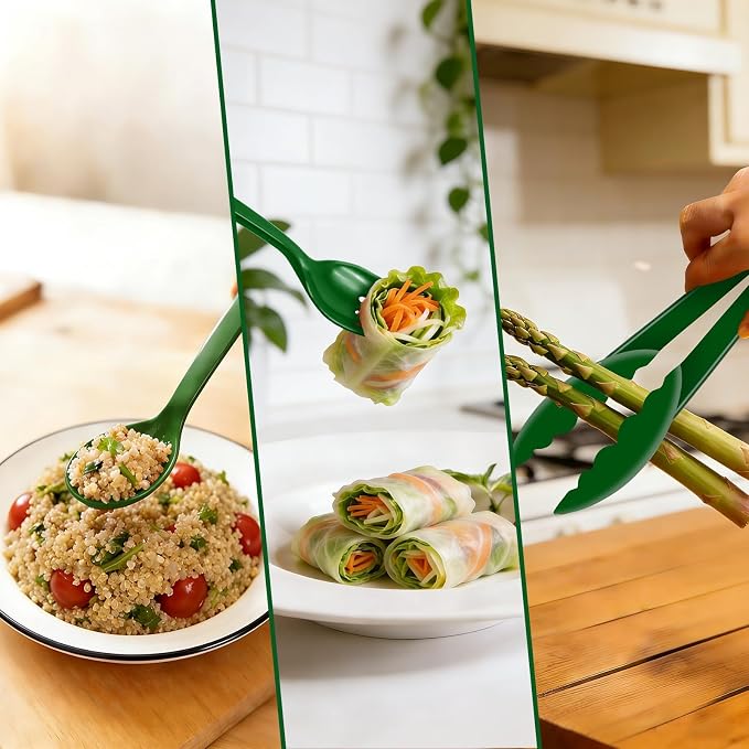24 Pcs Green Plastic Serving Utensils Set - Heavy Duty Disposable Serving Spoons, Forks & Tongs (8 of Each) - Natural Catering Supplies for Salad Bars, Picnics, Garden Parties & Healthy Themed Events