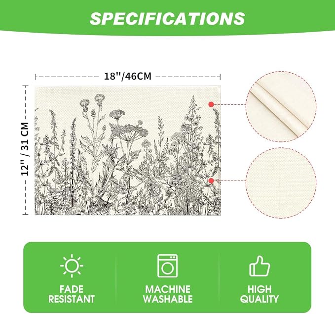 Artoid Mode Grey Antique Herbs and Wild Flowers Spring Placemats Set of 4, 12x18 Inch Seasonal Table Mats for Party Kitchen Dining Decoration