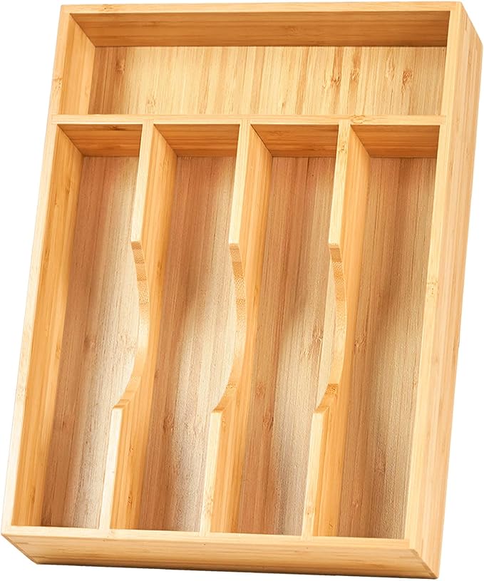 Bamboo Kitchen Drawer Organizer, 9 Inch Silverware Utensils Tray Holder for Small Drawer, Wood Caddy for Flatware Cutlery Knives