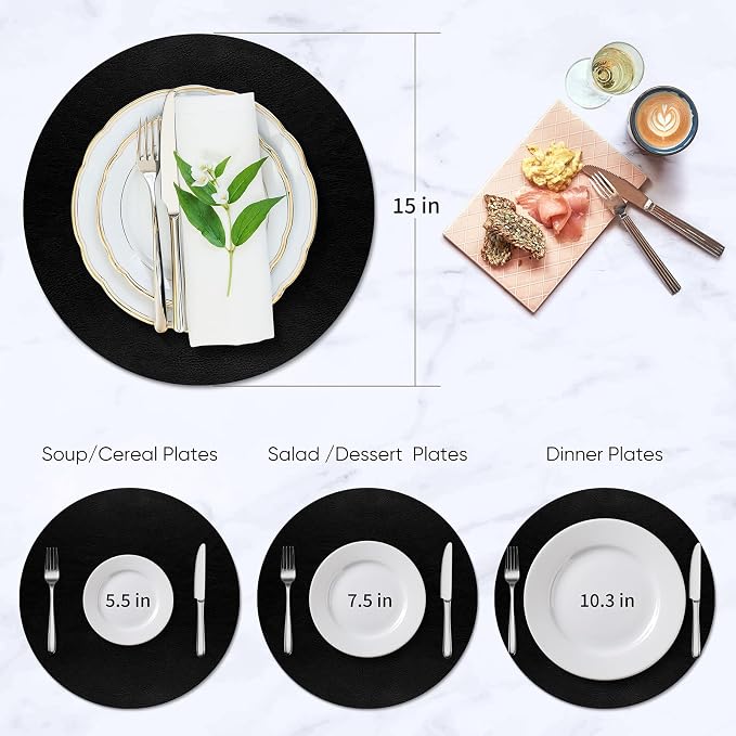 ADRIMER Placemats, Heat Resistant Round Placemats Set of 8 Washable, Waterproof Table Mats, Wipeable Faux Leather Place Mats for Kitchen, Dining Room, Black