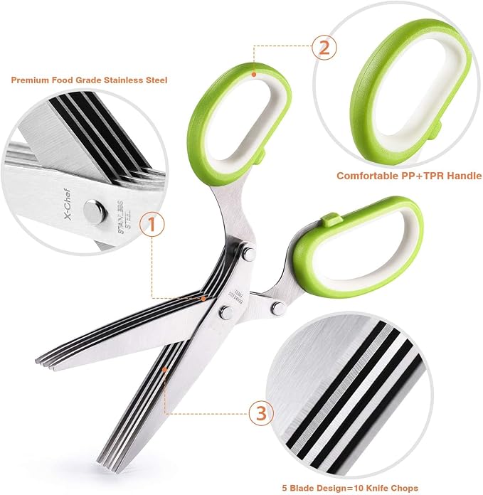 X-Chef Multipurpose 5 Blade Herb Scissors | Kitchen Herb Shears Herb Cutter with Safety Cover and Cleaning Comb for Chopping Basil Chive Parsley (Green)