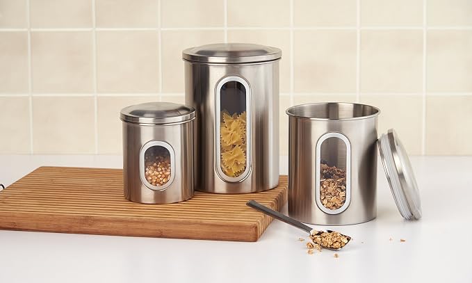 Fox Run Stainless Steel Canister Set For Kitchen Counter, 3 Container Set | Stores Sugar, Coffee, Flour & More | Organize Kitchen Counters | Airtight Lids | Durable Stainless Steel With Glass Window