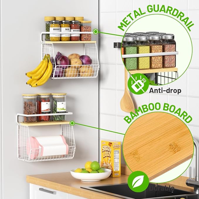 Magnetic Shelf for Fridge with Wood Lid, Fruit Potato and Onion Storage Bins, Pantry Organizers & Storage, Large Container Magnetic Spice Rack for Refrigerator, Kitchen Counter (White, 1)