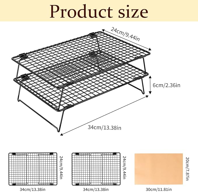 2 Tier Cookie Cooling Rack 13.4"x9.3" with 50 Pcs Baking Paper | Wire Cooling Rack with Collapsible Legs, Heavy Duty Cooling Racks for Cookie, Cake, Pizza, Grilling, Drying