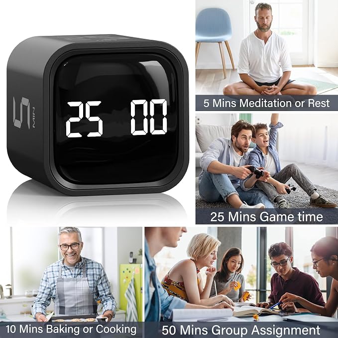 Rotating Pomodoro Timer 5/25/10/50, Desk Productivity Flip Timer, ADHD Tool | Countdown/Stopwatch Cube Timer, Vibration/High/Low Volume/Custom Modes, for Work Study, Back to School, Kitchen