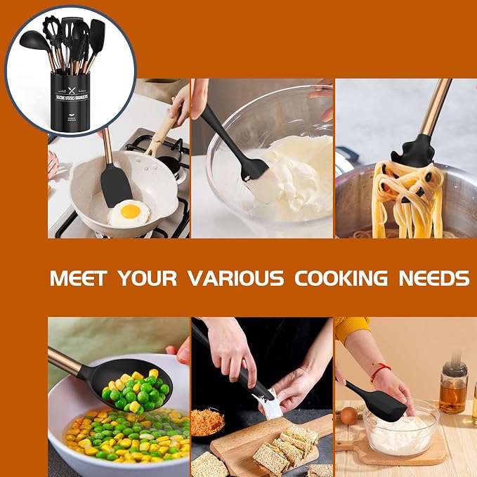 Silicone Cooking Utensil Set, Umite Chef Kitchen Utensils 15pcs Cooking Utensils Set Non-stick Silicone Rose Gold Handle Cooking Tools Whisk Kitchen Tools Set - Balck