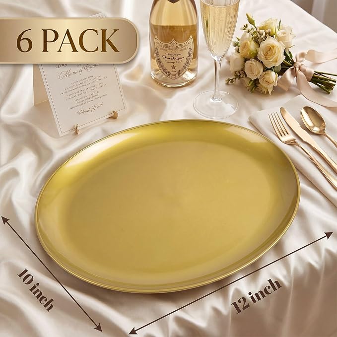 6PCS Gold Serving Platters - 10"x12" Gold Serving Trays - Heavy Duty Oval Plastic Platters for Parties/Birthday/Weddings/Catering/BBQ