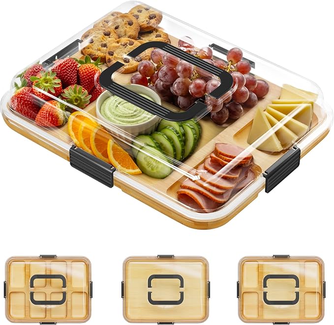 SpaceAid Charcuterie Board with Clear Lid, Portable Travel Cheese Cutting Boards for Picnic Accessories, Bamboo Serving Tray with Lids, House Warming Gifts, Black Handles, 5 Compartments