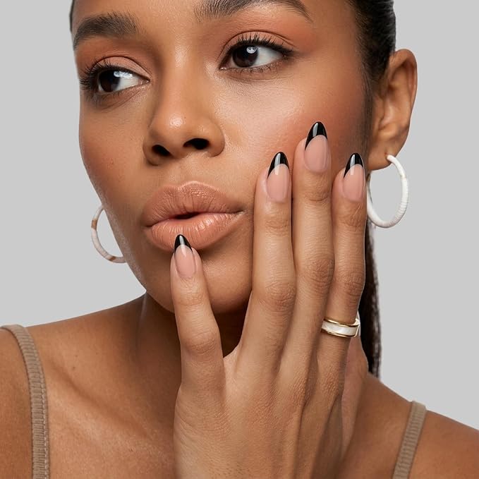 BTArtboxnails XCOATTIPS Black French Tip Press On Nails, S Almond, Peach | Lamp-Curable, 4-Week Wear, Natural Nail Look, Salon Quality Value at Home, Easy-to-Apply for Beginners, 160ct Nail Tips Only