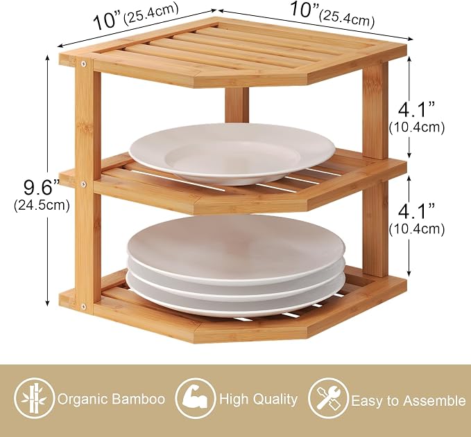 VERTORGAN 3 Tier Bamboo Dish Drying Rack,Corner Shelf 2 Pack(Natural) | Pantry Storage,Dish Rack,Spice Rack,Corner Organizer,Kitchen Counter Shelves,Kitchen Storage,Holds Plates