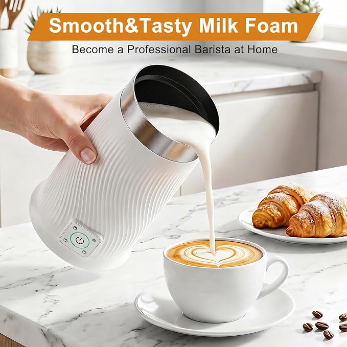 Milk Frother 4-in-1 Electric Milk Steamer, Hot Cold Foam Milk Maker, White | milk frother steamer with hot & cold foam modes 350ml capacity fast frothing for latte cappuccino macchiato & chocolate