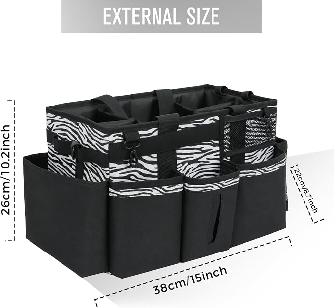SCAVATA Wearable Cleaning Caddy, Cleaning Caddy Supplies Organizer with Handle & Shoulder Straps for Housekeepers, Under Sink & Car Cleaning Tool Organizers Bag with 4 Foldable Divider (ZebraStripe)