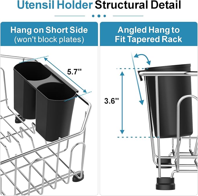 Small in Sink Dish Drying Rack - Stainless Steel for RV Kitchen | Compact Design for Apartments, 1-2 Person, Utensil Holder, Cup Hooks, Angled Corners Fit Square & Round Sinks, 11.6" x 13.4"