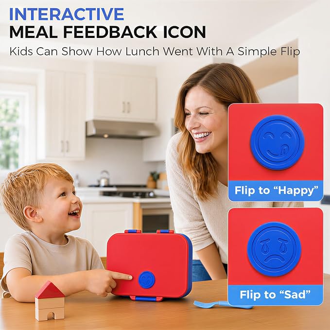 Kids Stainless Steel Bento Lunch Box, 4 Compartments | Leak-Resistant 4 Cups Lunch Container for Ages 4+ with Easy-Open Latch, Removable Seal & Meal Feedback Icon