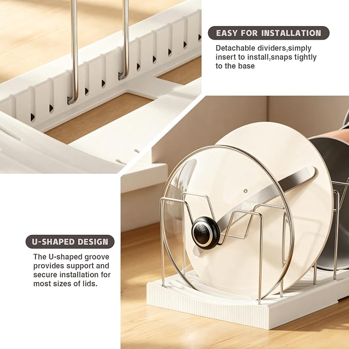 Magheo Pots and Pans Organizer Under Cabinet, Expandable 12.6"-22.8" Kitchen Cabinet Organizer Holder with 10 Adjustable Dividers for Food Storage Container Lid, Cookie Sheet, Cookware(1 Pack, White)