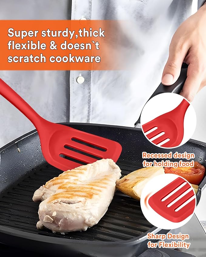 13PCS Silicone Kitchen Utensils Set for Nonstick Cookware, Red | Food Grade, Heat Resistant Kitchen Utensil Spatula Set, Wooden Handles Kitchen Gadgets Tools Set