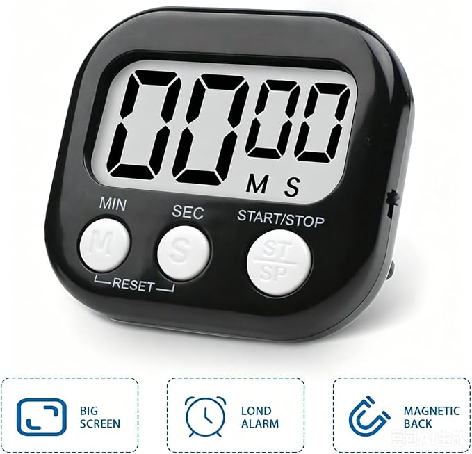 12 Pack Digital Kitchen Timer Large LCD Display Loud Alarm Strong Magnetic Stand, Minute Seconds Count Up Countdown and Simple Operation Timers for Cooking, Bathroom, Kids, Teacher, Classroom - Black