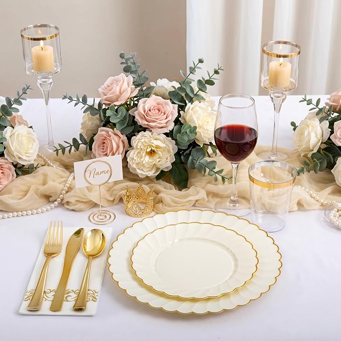 YOUBET 175PCS Ivory Scalloped Plastic Plates for Party Wedding | Ivory and Gold Disposable Dinnerware Set Include 50 Plates, 75 Gold Silverware, 25 Cups, 25 Napkins