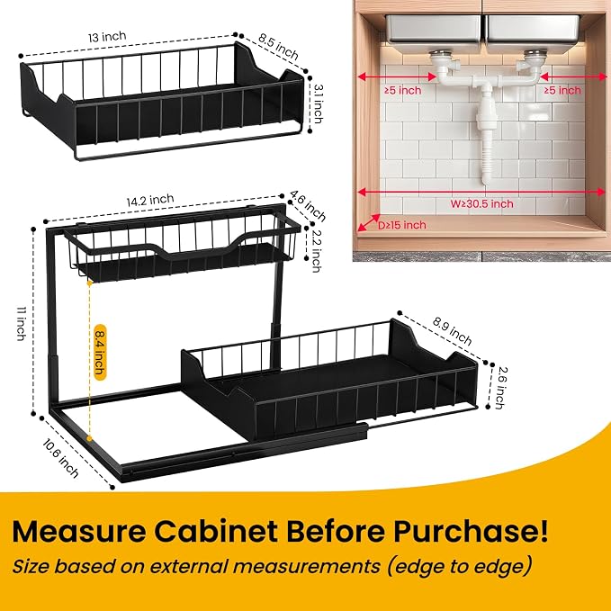 3 Pack, Under Sink Organizer 2-Tier with Slide Out Lower Drawer - Metal Pull Out Cabinet Organizer for Kitchen Bathroom, Includes Removable Center Basket & Storage Shelves, Space Saving Design