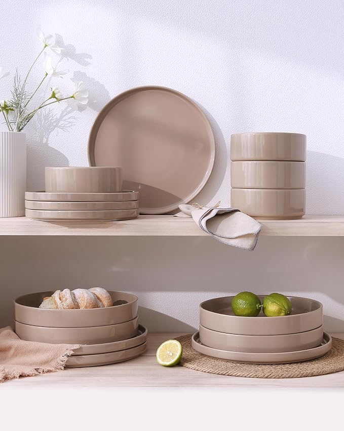 Famiware Nebula Plates and Bowls, 24-Piece Dinnerware Set, Cinnamon Brown | Stoneware Dish Set for 8, Dishwasher and Microwave Safe, Chip and Scratch Resistant