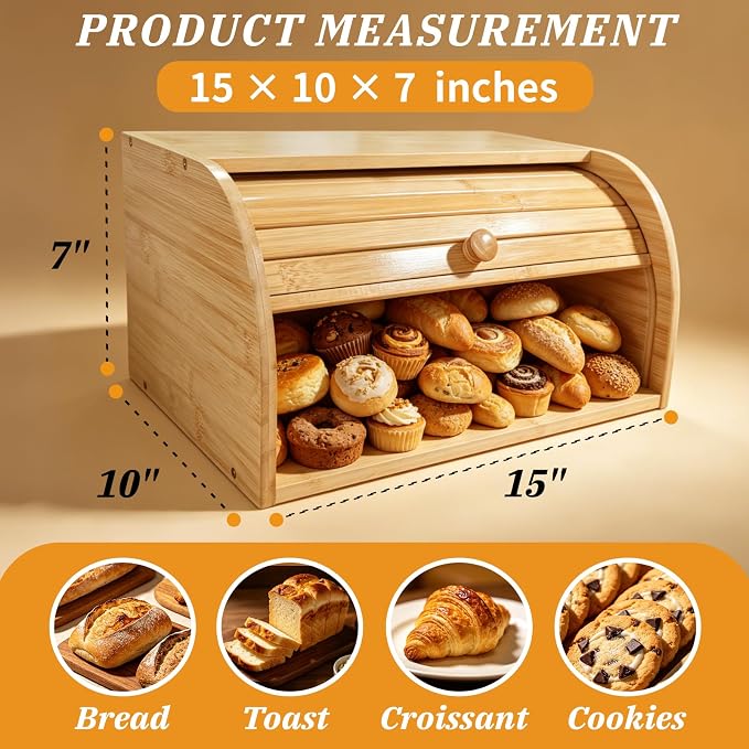 Natural Bamboo Roll Top Bread Box for Kitchen Countertop | Food Storage Container with Assembly Required with rolling lid, vintage food keeper for muffins, bagels, cookies