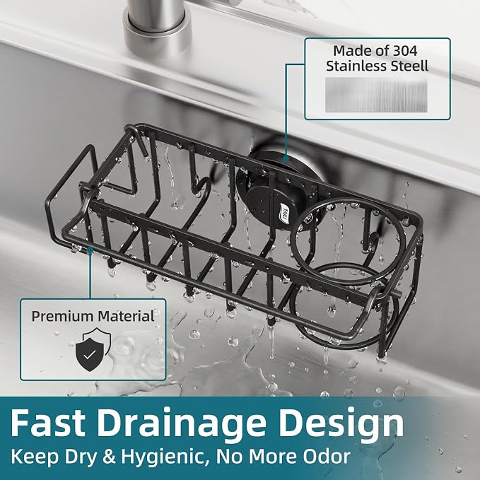 TAILI 4-in-1 Sink Caddy for Kitchen Sink with Strong Suction Cup-Black | Removable Sponge Holder for Kitchen Sink Organizer, Rustproof 304 Stainless Steel Holder for Sponge, Brush, Scrubber, Scraper