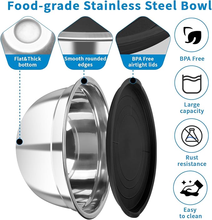 7 Pack Stainless Steel Mixing Bowls with Airtight Lids Set | 4.5qt, 4, 3.5, 2.1, 1.5, 1.1, 0.7QT, Nesting Design Metal Mixing Bowls Salad Bowl for Mixing, Prepping and Serving Food