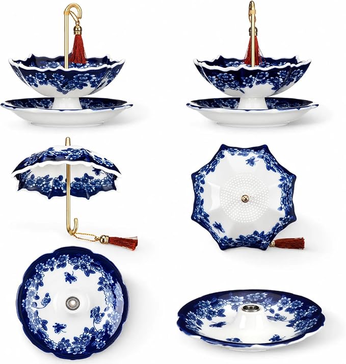 Umbrella Tea Strainer Chinese Blue and White Porcelain Strainer Umbrella Shape Ceramic Tea Infuser with Rotating Design Multi Purpose Infuser for Kung Fu, Coffee, Brewing