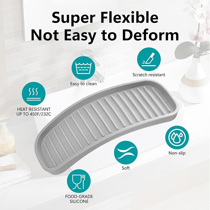 Silicone Sponge Holder for Kitchen Sink - Dish Soap Holder 2Pack Light Grey | Waterproof sponge soap tray, kitchen counter / bathroom sink caddy Organizer; dish sponge holder, soap dispenser, scrubbers