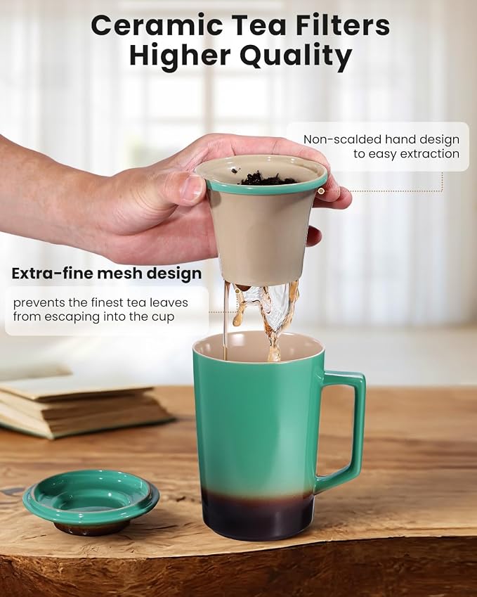15 oz Ceramic Tea Infuser Cup with Lid - Tea Mug with All Porcelain Strainer for Loose Leaf Teas,Microwave and Dishwasher Safe,Metal-Free,BPA-Free for Tea Lovers/Birthday(Green)