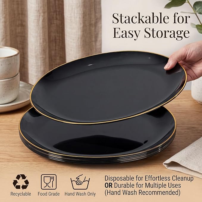 6PACK Black Oval Plastic Plates - 10"x12" Black and Gold Disposable Platters - Heavy Duty Serving Trays for Party/Birthdays/Catering/Weddings/BBQ