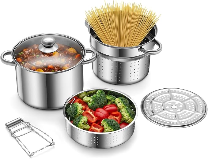 Sawysine Stainless Steel Pasta Pot 6-Piece 10 Quart Cooker Steamer Stock Pot Cookware Set Multipots with Strainer Insert for Home Kitchen