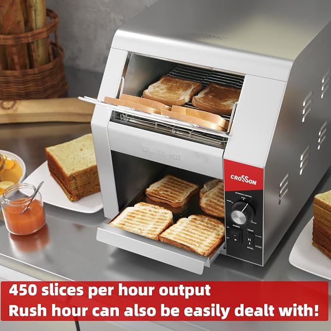 CROSSON ETL Listed Conveyor Toaster 450PCS/Hour 10" Wideness With 3" Opening Heavy Duty Commercial Toaster for Cafes,Buffets, Restaurants and Coffee shops-120V,1800W