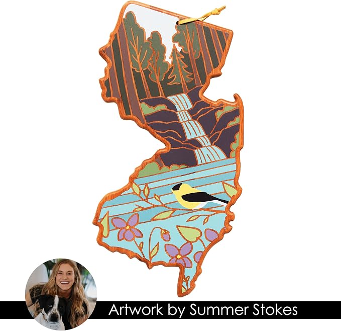 Totally Bamboo New Jersey State Shaped Cutting Board, Summer Stokes Art | State charcuterie board with colorful hand-drawn landscape art. Smooth reverse side for food prep. Hang tie for wall display.