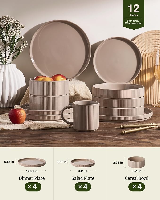 Famiware Ceramic Plates and Bowls Set, Dinnerware Sets, Ribbed Dishes for 4 | 12-Piece Stoneware Dishware, Lipped Edges, Chip & Scratch Resistant, Microwave & Dishwasher Safe, Daily Use, Cinnamon Brown