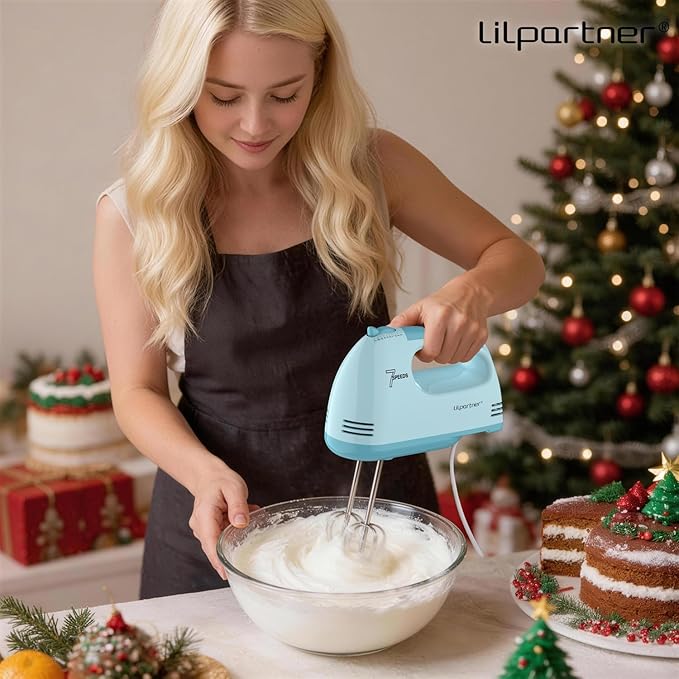 LILPARTNER Electric Hand Mixer with Storage Box, Ultra Power Kitchen Hand Mixer With 7-Speed & 5 Stainless Steel Accessories for Whipping Dough, Cream, Cake, Dishwasher Safe, BLUE BOX