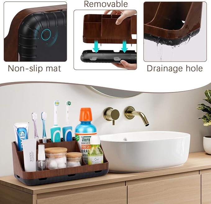 GFWARE Wood Toothbrush Holders for Bathroom Organizer with Drain Holes | Detachable 7 Slots Kid Electric Toothbrush and Toothpaste Holder, Bathroom Sink, Caddy, Tray, Vanity Storage Wood-Look, Brown