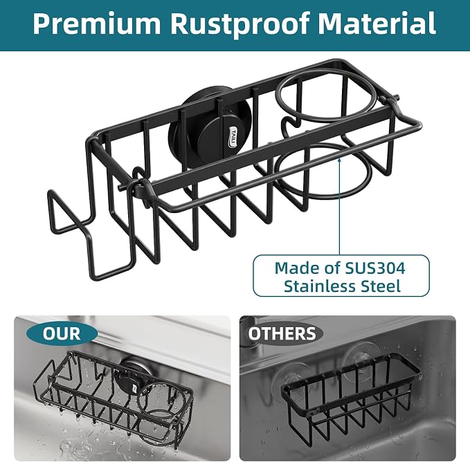 TAILI 4-in-1 Sink Caddy for Kitchen Sink with Strong Suction Cup-Black | Removable Sponge Holder for Kitchen Sink Organizer, Rustproof 304 Stainless Steel Holder for Sponge, Brush, Scrubber, Scraper