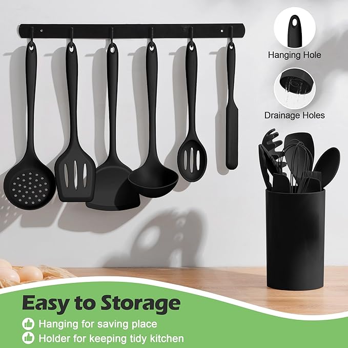 Homikit Silicone Cooking Utensil Set, 15pcs Kitchen Utensils with Holder | Black Silicone Spatula Set for Nonstick Cookware, Heat Resistant up to 446ºF, Nontoxic Baking Kitchen Tools, Dishwasher Safe