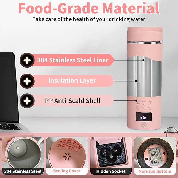 Pink Travel Electric Kettle with LCD Display, 6 Temperature Settings, 450ml / 15.2oz, 304 Stainless Steel, Auto Shut-Off and Dry Boil Protection, Compact and Portable Electric Kettle