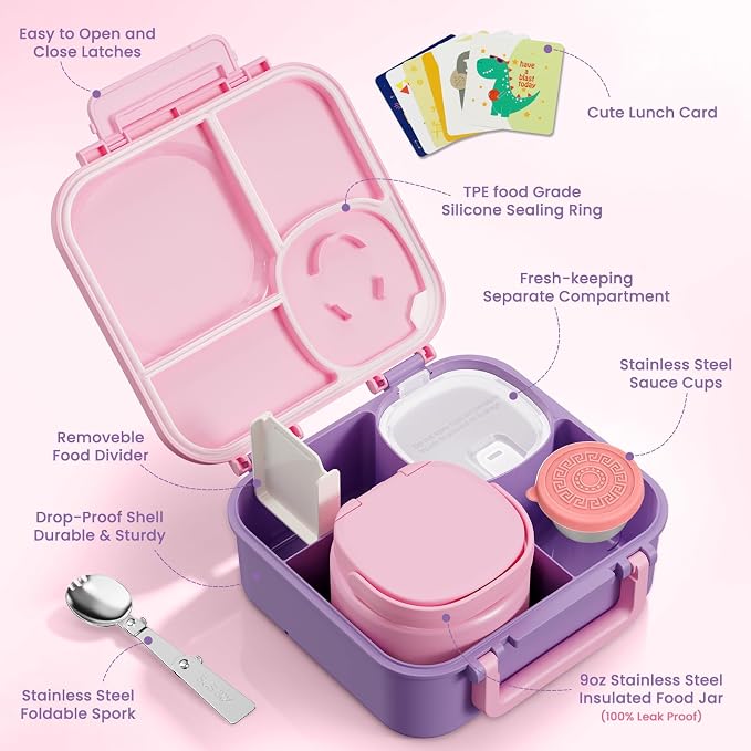 wiwens Kids Bento Lunch Box with Soup Thermo Food Lunch Container for Kid | 4 Compartment Leak-Proof Kids Lunch Box,9oz Stainless Steel Insulated Hot Food Jar,for Boys Girls Toddler to School Travel