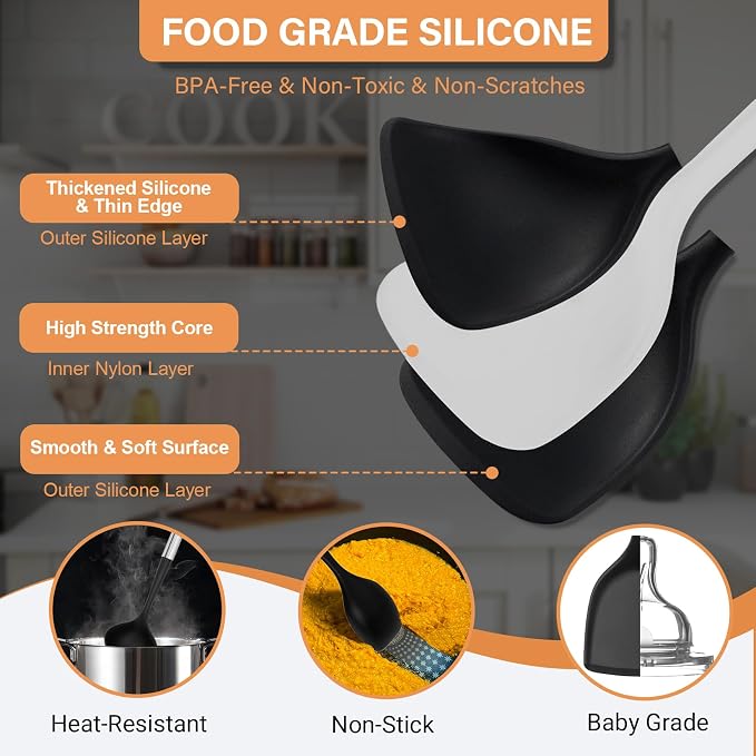 Large Silicone Cooking Utensils Set, 10Pcs Nonstick Kitchen Utensil Set with Stainless Steel Handle, BPA Free Spatula Set with Turners Spoon Ladle Skimmer(Black/Silver)
