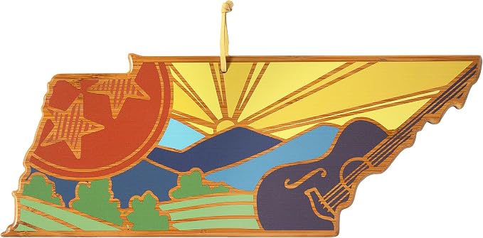 Totally Bamboo Tennessee State Shaped Cutting Board, Summer Stokes Art | State charcuterie board with colorful hand-drawn landscape art. Smooth reverse side for food prep. Hang tie for wall display.